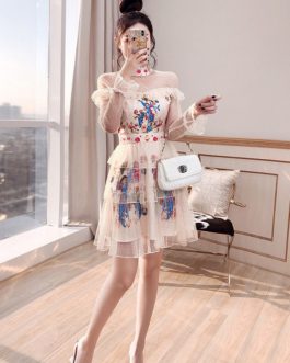 Fashion Mesh A-Line Dress Lace Ruffles High Waist Print Party Mini Dresses