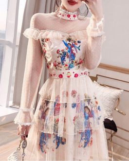 Fashion Mesh A-Line Dress Lace Ruffles High Waist Print Party Mini Dresses