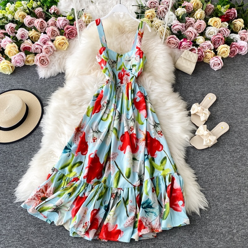 Fashion Runway Floral Print Vacation Dress Sleeveless Tank Boho Beach ...