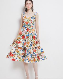 Fashion Tiered Layer Ruffles Boho Dress Floral Print Midi Dresses
