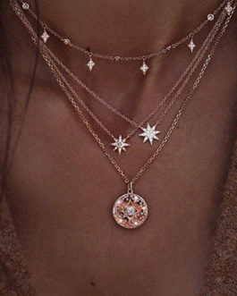 Four Gold Chain Set of Link Necklaces Starburst Sun Charms with Large Medallion