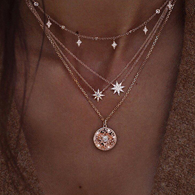 Four Gold Chain Set of Link Necklaces Starburst Sun Charms with Large Medallion