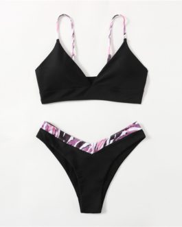 Leaf Print High Cut Bikini Swimsuit V Neck High Cut Beach Bikinis Set