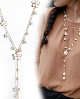 Long Chain Pendant Necklace Pearl Flower