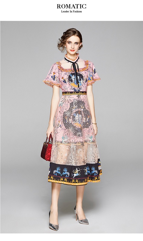 Mermaid Cartoon Print Patchwork Embroidery Mesh Sequined Dress Flare Sleeve Bow Collar Star Moon Runway Dress