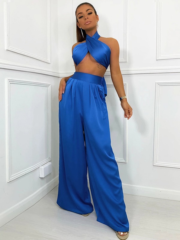 Modern Solid Backless Crop Top And Pant Set - Power Day Sale