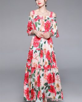 Off Shoulder Flare Sleeve Dress Flower Print Ruffles Maxi Dress