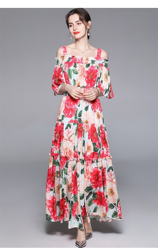 Off Shoulder Flare Sleeve Dress Flower Print Ruffles Maxi Dress