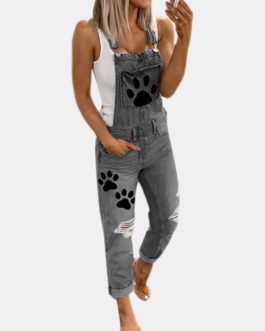 Paw Printed Straps Ripped Demin Jumpsuit