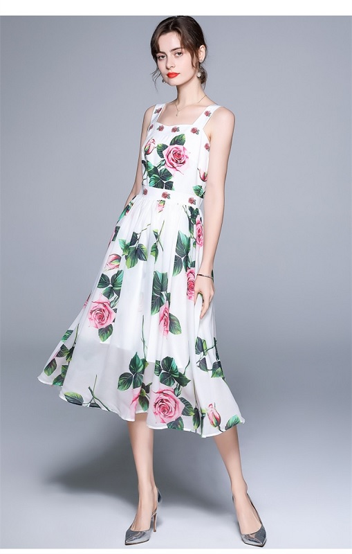 Rose Floral Printed Chiffon Long Dresses - Power Day Sale