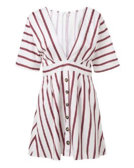 Short Sleeve Deep V neck Elegant Stripe Print Dress