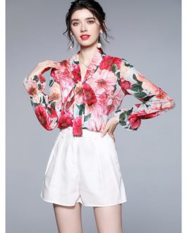 Shorts Suit Floral Long Sleeve Bow Lace Up Chiffon Beach Blouses Shirt + Shorts Outfits 2 Piece Set