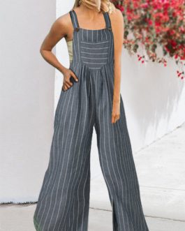 Striped Print Wide-legged Pockets Straps Sleeveless Jumpsuits