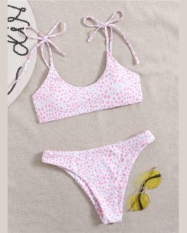Tie Shoulder Bikini Swimsuit Spaghetti Strap High Cut Beach Cute Bikinis Set
