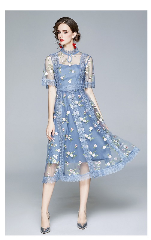 Tulle Mesh Lace Dress Flare Short Sleeve Embroidery Flower Midi Vestido ...