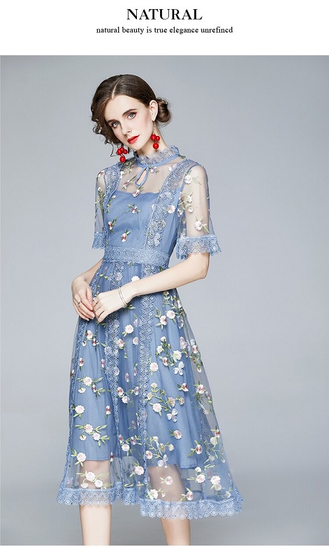 Tulle Mesh Lace Dress Flare Short Sleeve Embroidery Flower Midi