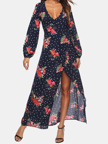 Bohemian Flower Print Tie Front Deep V Holiday Dress - Power Day Sale