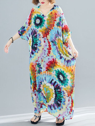 Bohemian Tie Dye Print V-Neck Holiday Long Dress