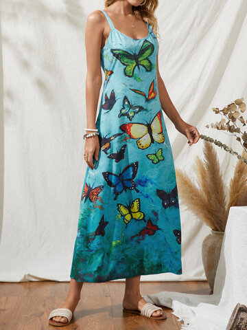 Casual Bohemian Butterflies Print Straps Dress