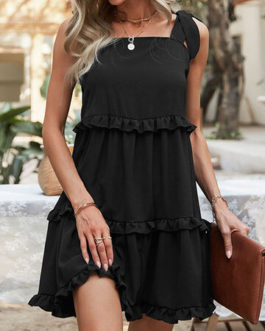 Casual Sleeveless Knotted Solid Color Holiday Dress