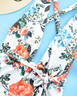 Floral Print Lace up Halter Raised Waist One Piece Swimsuits