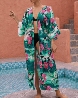 Floral Print Open Front Sun Protection Long Sleeve Cover Up