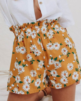 Floral Printed Pattern Ruffles Polyester Casual Shorts