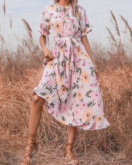 Flower Print O-Neck Knotted Pleated Dress with Belt