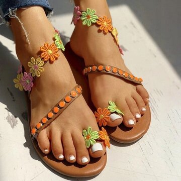 Flowers Wrap Around Ankle Comfortable Clip Toe Flat Sandals - Power Day ...