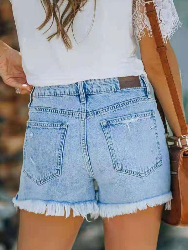 Fringe Denim Casual Solid Color Skinny Button Fly Short Pants