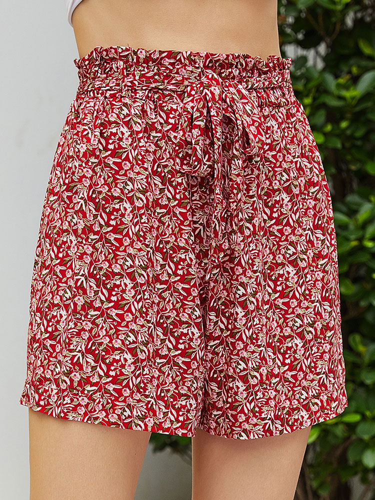 Pleated Floral Printed Lace Up Polyester Casual Straight Shorts