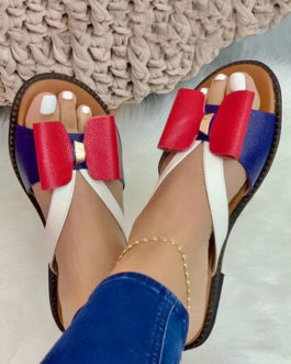 Plus Size Color Splicing Bow Round Toe Flat Slippers