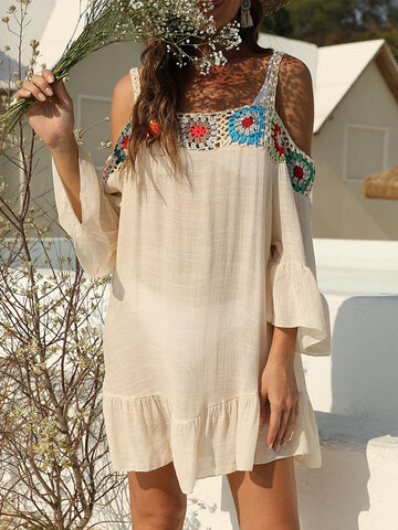 Sexy Embroidery Crochet Ruffle Beaches Holiday Dress - Power Day Sale