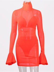 Sexy Long Sleeves High Collar Sheer Bodycon Dress - Power Day Sale