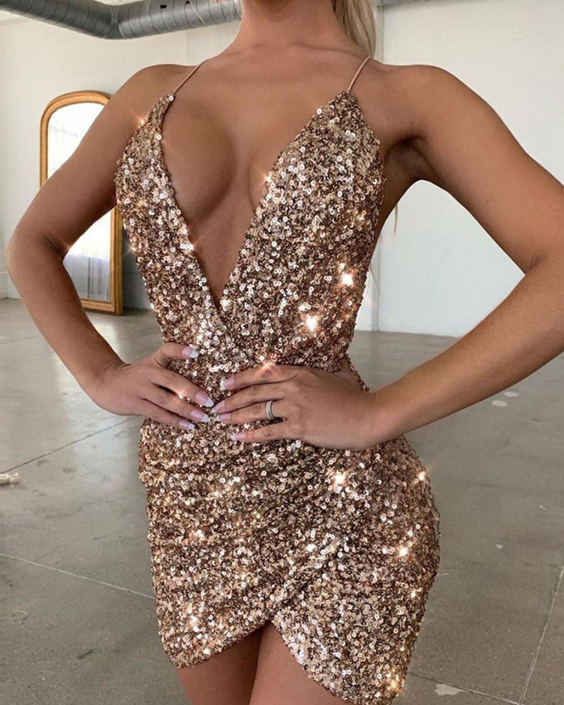 Straps Neck Sequins Sleeveless Polyester Irregular Sexy Dress