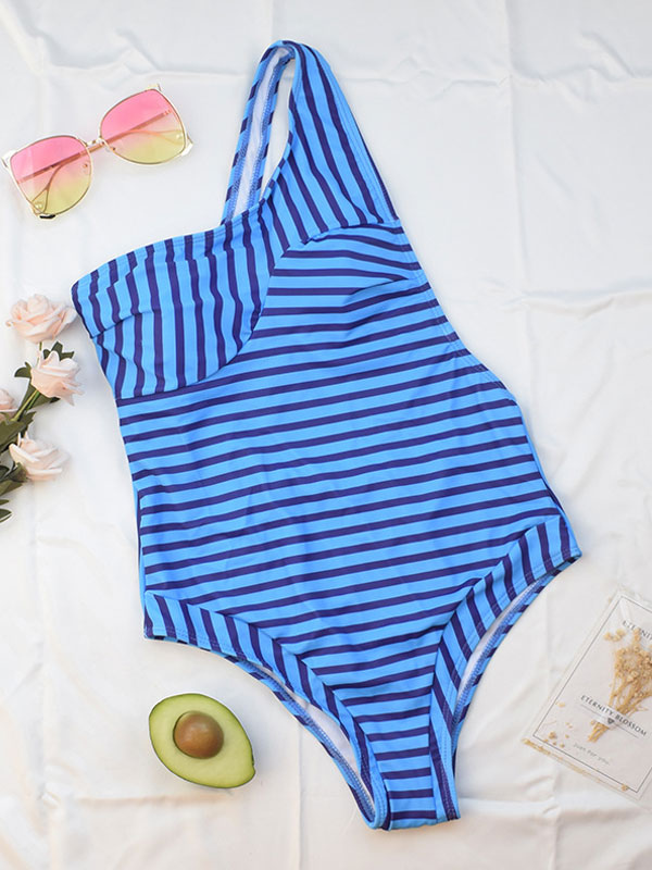 Stripes Pleated One-Shoulder Raised Waist sexy One Piece Swimsuits ...