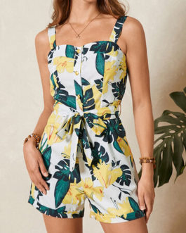 Tropical Flower Leaf Print Knotted Waistband Button Romper