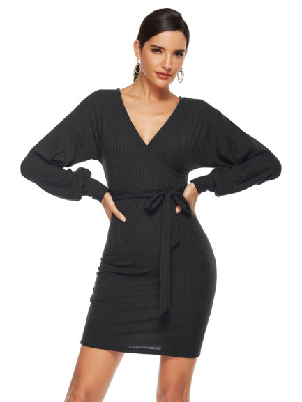 V-Neck Lace Up Asymmetrical Casual Pencil Bodycon Dresses - Power Day Sale