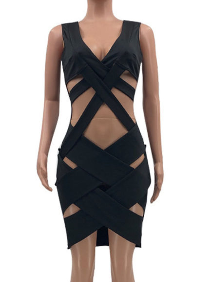 V-Neck Sexy Cut Out Polyester Backless Sexy Bodycon Dress - Power Day Sale