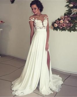 A-Line Side Split Appliques Lace Chiffon Boho Wedding Bridal Gown