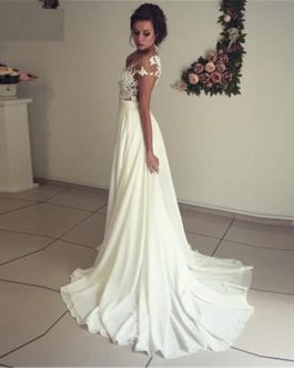 A-Line Side Split Appliques Lace Chiffon Boho Wedding Bridal Gown