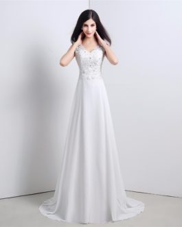 Bohemian Lace Appliques Beaded Backless A line Chiffon Bridal Gown