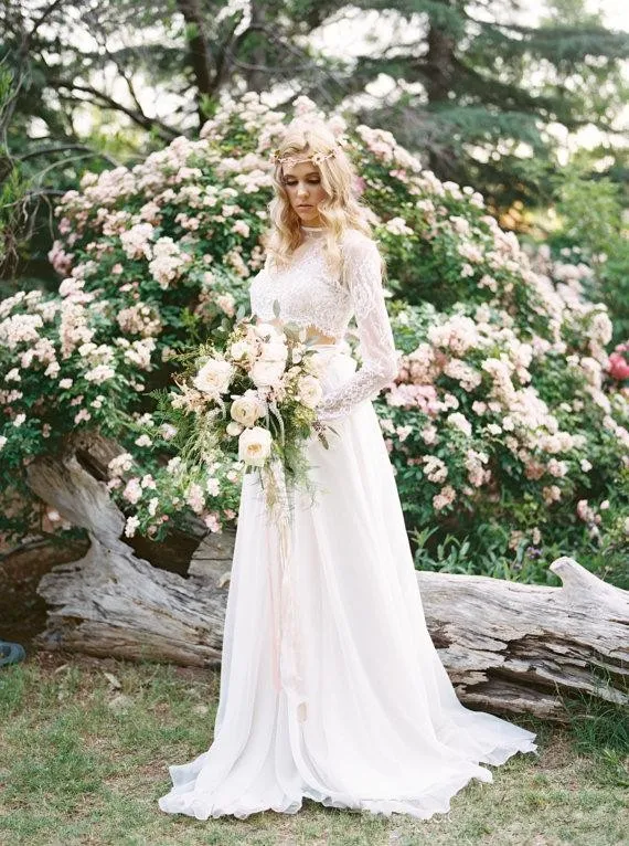 Bohemian Two Pieces Wedding Dresses Lace Crop Top Gowns