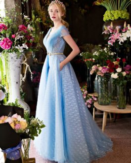 Luxury V Neck Rhinestones Beading Cap Sleeve Pleated Lace Long Prom Dresses