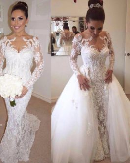 Mermaid Pearls Beads Long Sleeves with Detachable Train Trumpet Bridal Gown