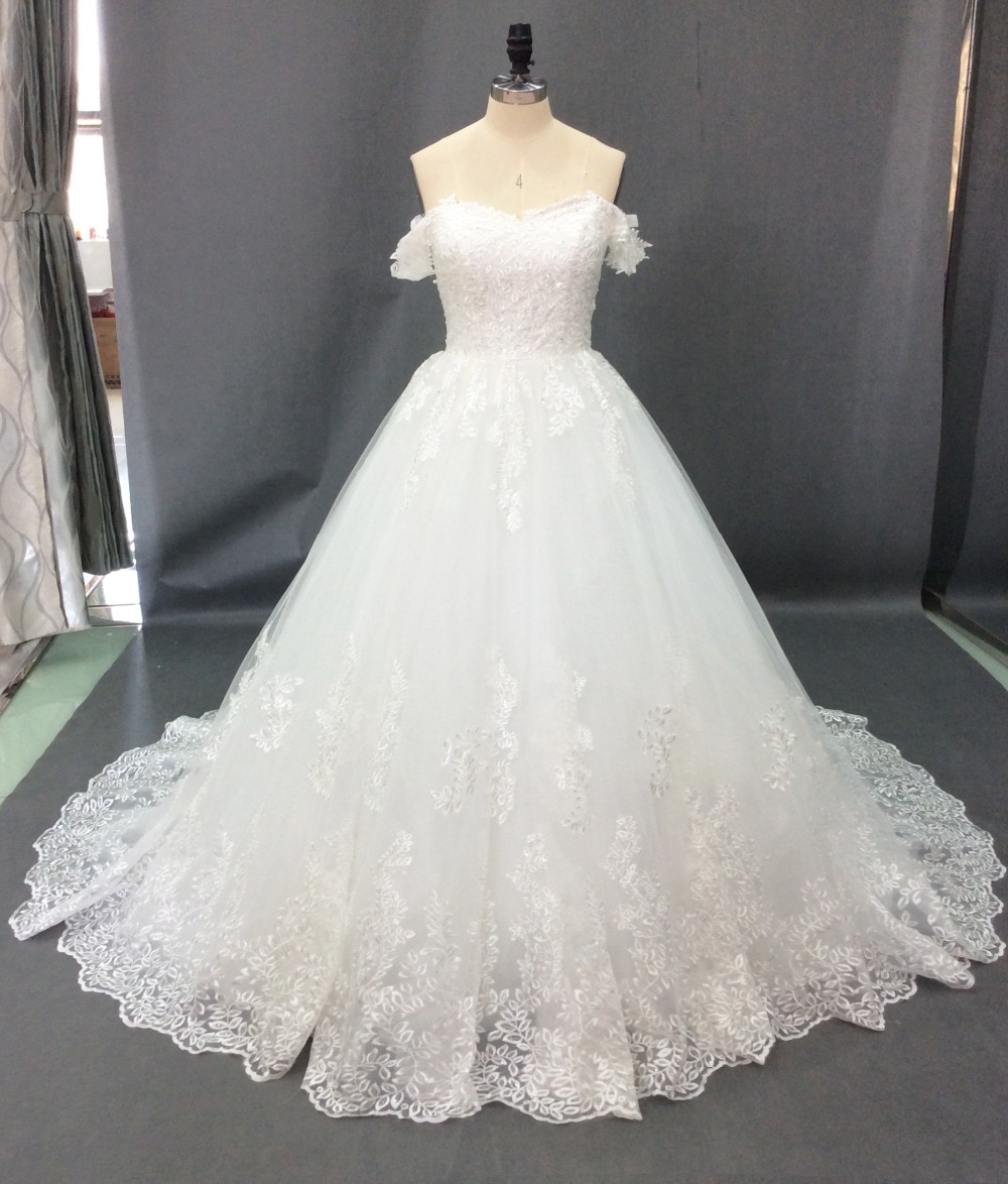 Off Shoulder Ball Gown Princess Beads Lace Applique Bride Dress - Power ...