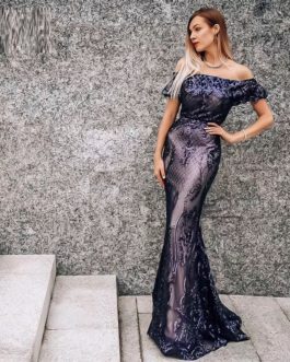 Sexy Off The Shoulder See-Through In Waist Reflective Long Dress