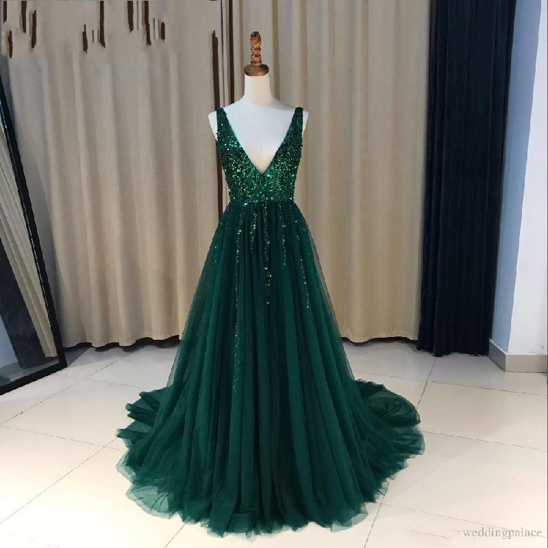 Sexy V-neck A-line Seqin Beaded Zipper Back Formal Evening Gowns