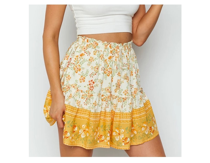 Vintage Elastic Waist Floral Print Ruffles Short Skirts - Power Day Sale