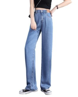 Casual Ice Silk High Elastic Waist Straight Jeans